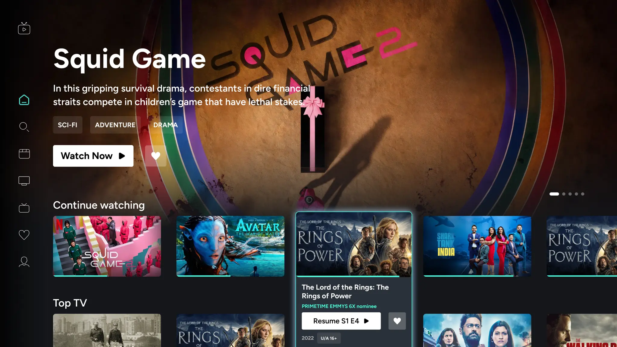 CAASTV TV App home screen shown on a television